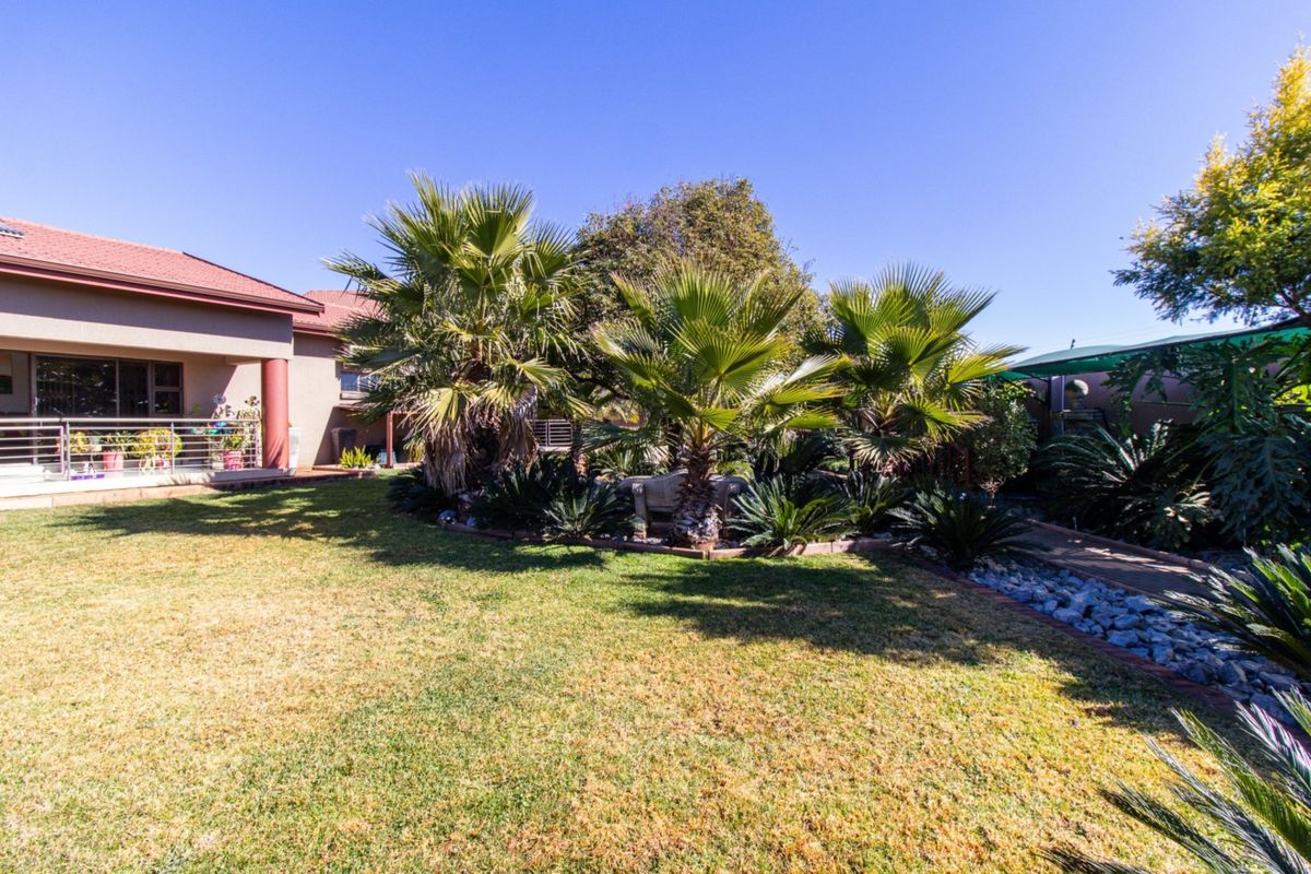 A well-maintained rear garden featuring a lush lawn, mature palm trees, and a paved pathway leading to a covered patio area.
