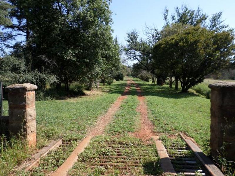 A view of a rural residential property entrance featuring stone pillars and a dirt driveway leading into a tree-lined landscape.
