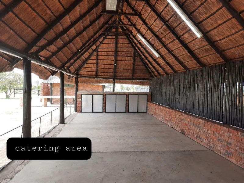 Covered outdoor catering area featuring a traditional thatched roof, brick masonry, concrete flooring, and a built-in bar counter.