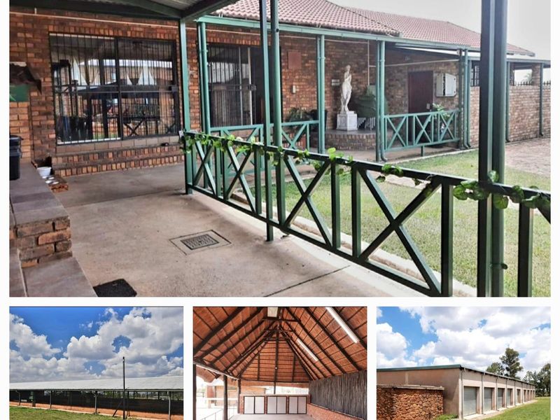 A multi-panel view of a farm property featuring a covered patio area, outdoor structures, and a large shed with a thatched roof.