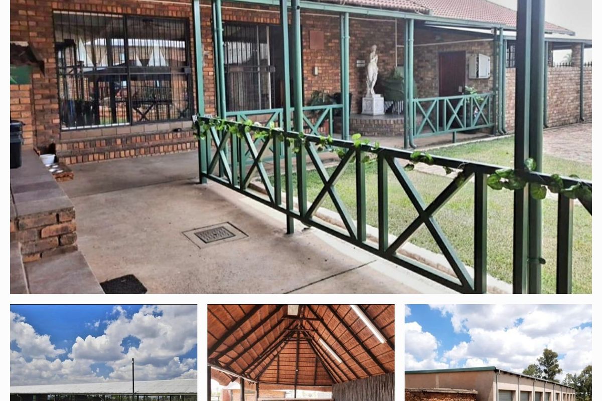A multi-panel view of a farm property featuring a covered patio area, outdoor structures, and a large shed with a thatched roof.