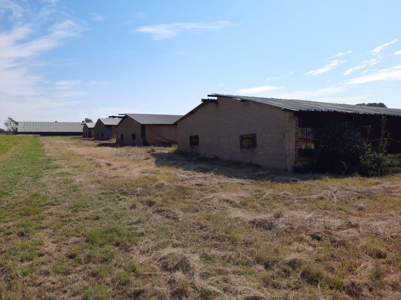 A series of agricultural outbuildings featuring brick construction and corrugated metal roofing, situated on a rural farm property.