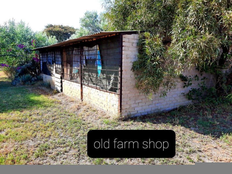 An exterior view of an old farm utility structure featuring brick walls and a corrugated metal roof, situated in a rural garden setting.
