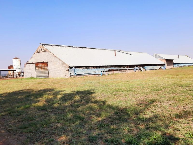 Large agricultural farm shed with corrugated metal roofing, brick masonry walls, and an adjacent silo on a rural property.