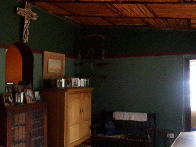A living room featuring a traditional thatched ceiling, arched doorway, and wooden wainscoting, requiring cosmetic updates to improve the overall aesthetic.