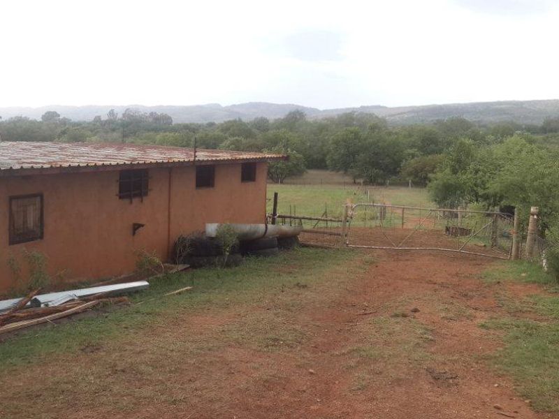 Rear view of the small holding showing the main structure with metal roofing, perimeter fencing, and access gate leading to the surrounding rural landscape.
