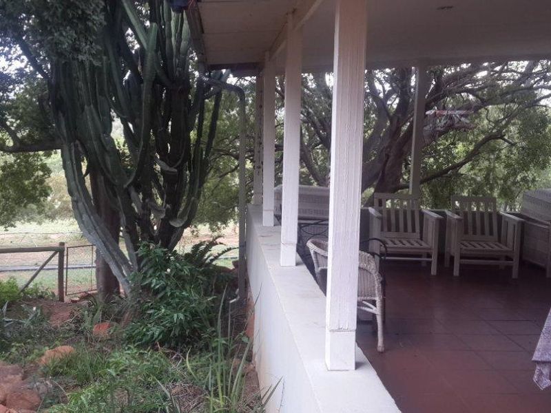A covered outdoor patio area featuring tiled flooring and structural support pillars, overlooking a natural garden setting.