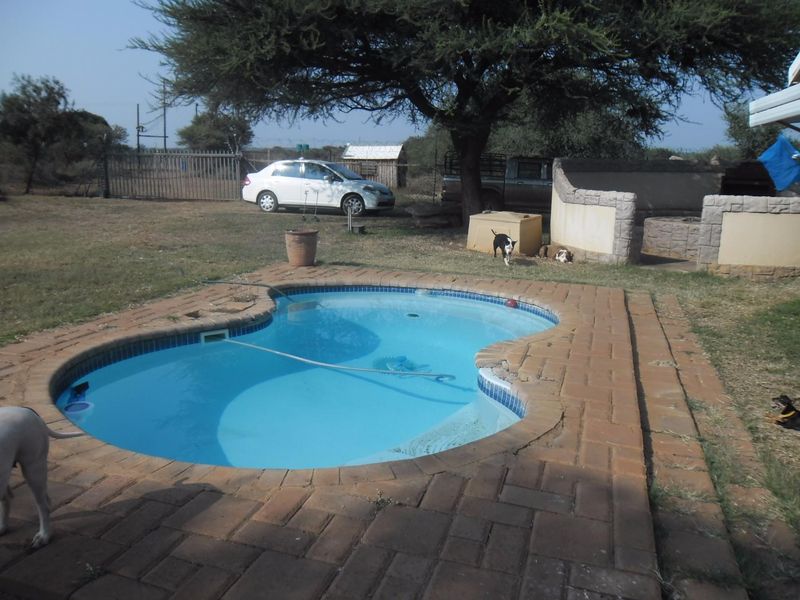 Outdoor pool area featuring a kidney-shaped swimming pool with brick paving and a built-in braai structure in a rural small holding setting.