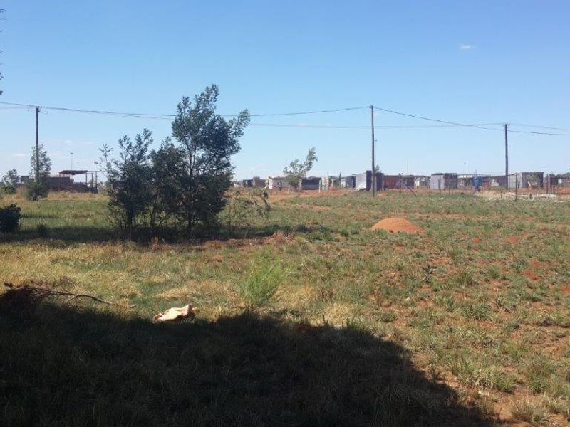 A view of a vacant residential plot featuring natural grass cover, scattered trees, and overhead power lines extending across the property.