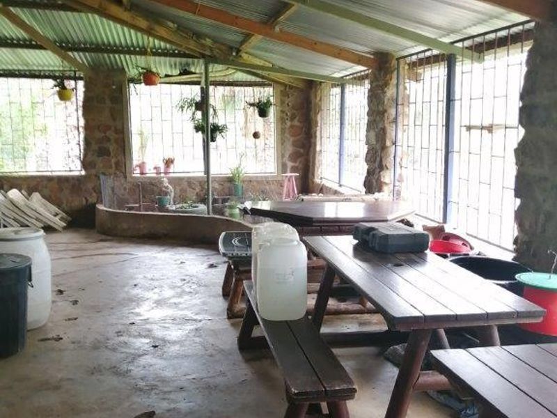 A rustic covered patio area featuring stone masonry walls, exposed timber rafters, and a corrugated metal roof, providing a functional outdoor entertainment space.