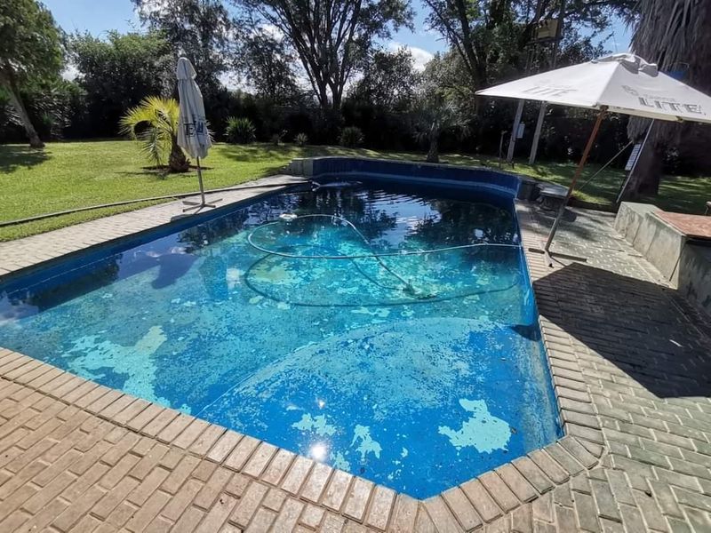 Outdoor swimming pool area featuring brick paving and a garden setting, currently showing significant wear to the pool lining.