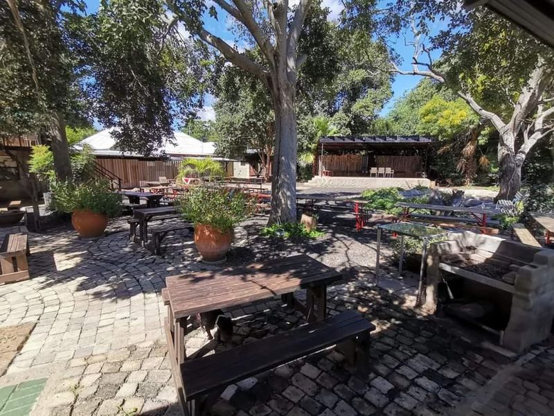 An expansive outdoor entertainment area featuring brick paving, a built-in braai, and a raised stage area set under mature trees.