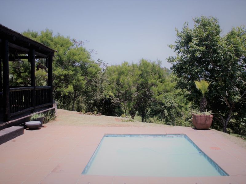 Outdoor pool area featuring a tiled deck and an adjacent covered patio, set against a backdrop of mature trees and natural landscape.