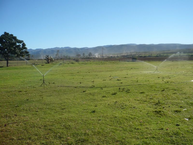 Expansive open farm land featuring a functional irrigation system and mountain views in the background.