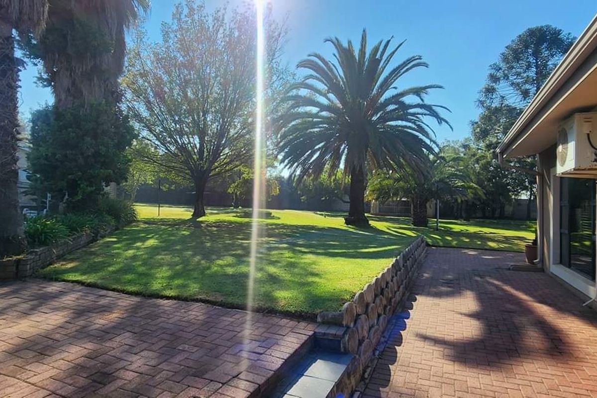 A spacious rear garden featuring a paved patio area, mature palm trees, and well-maintained lawn, providing a peaceful outdoor setting.