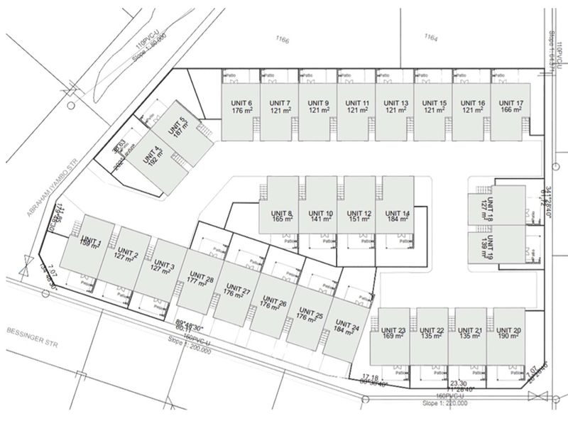 Architectural site plan showing the layout and unit sizes for a townhouse development complex.
