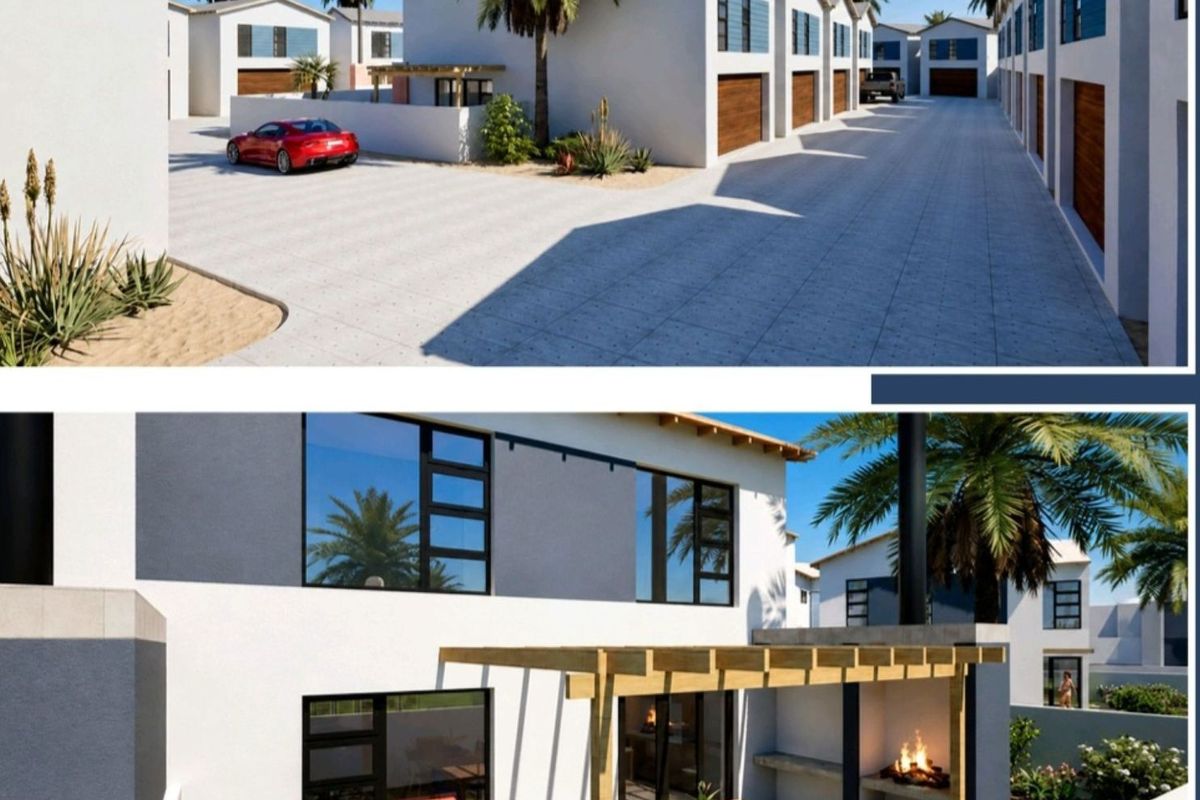 A modern townhouse exterior featuring a paved patio with a timber pergola and a built-in braai area, overlooking a private garden space.