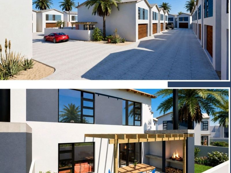 A modern townhouse exterior featuring a paved patio with a timber pergola and a built-in braai area, overlooking a private garden space.