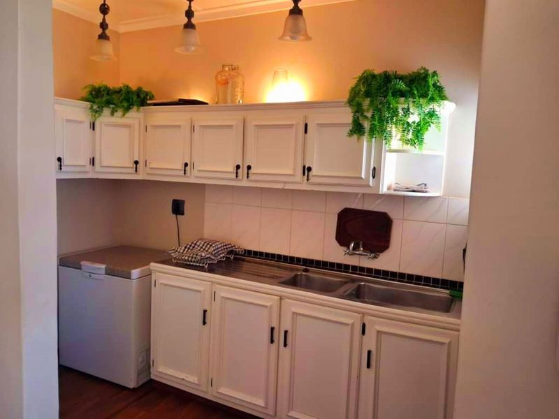 A functional scullery area featuring white built-in cabinetry, a double basin sink, and tiled backsplash, providing additional prep and wash-up space.