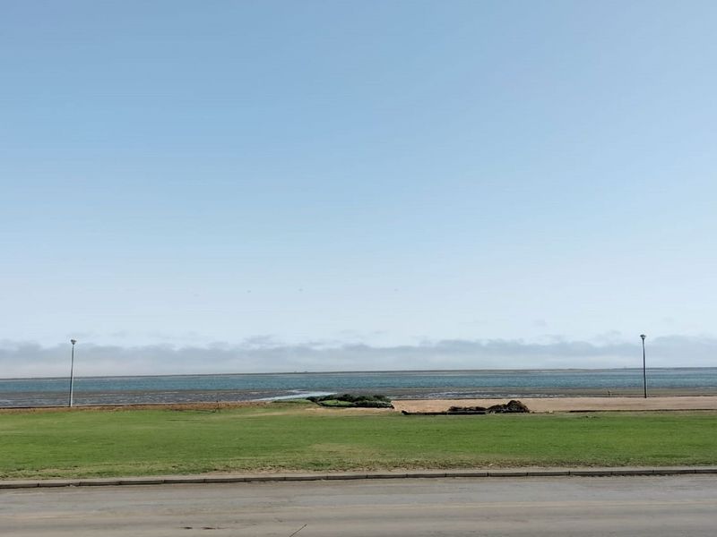A scenic view overlooking a coastal landscape with a grassy verge, paved road, and distant ocean horizon.