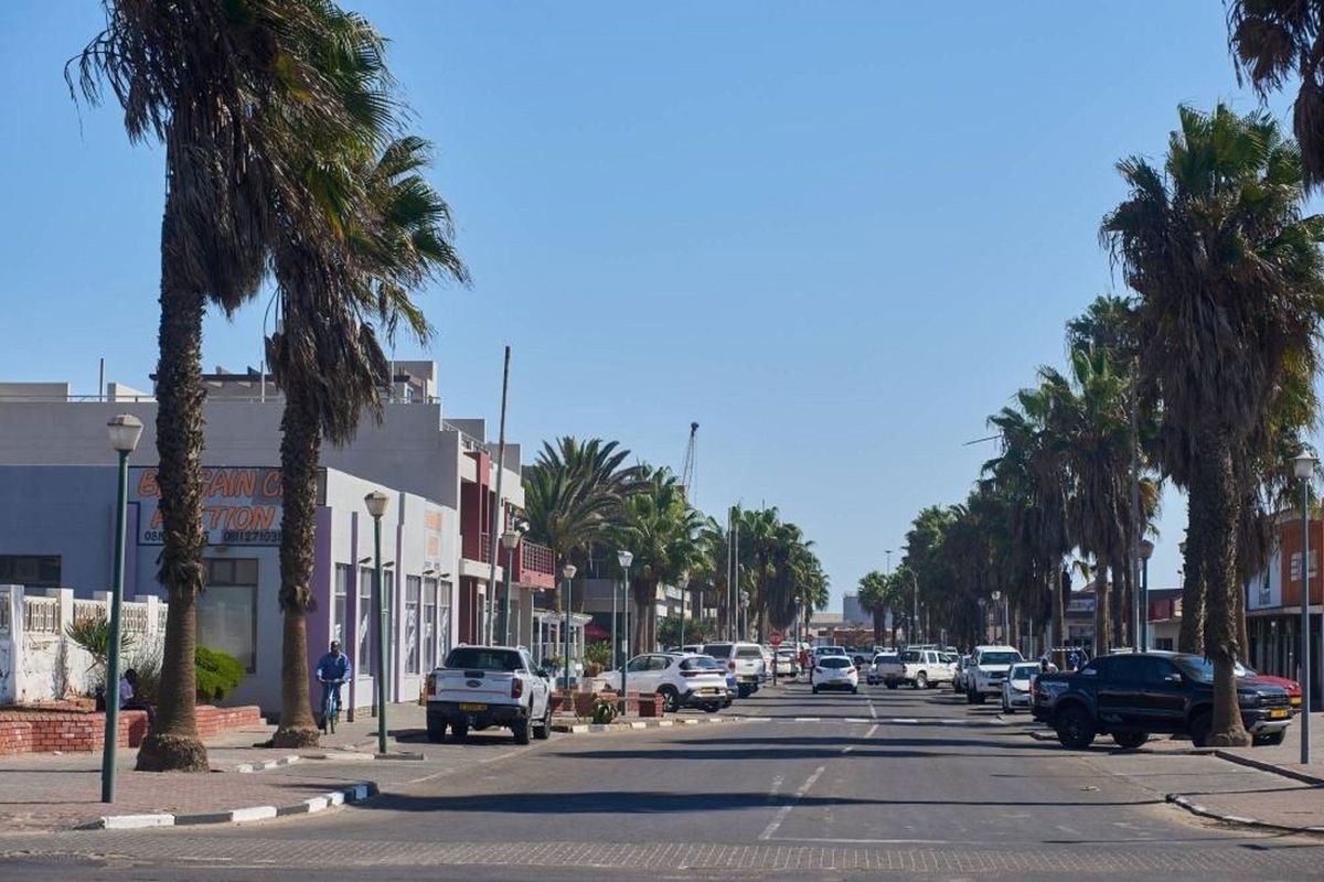A clear street view showing the surrounding neighborhood infrastructure, including paved roads, sidewalks, and established palm tree landscaping.