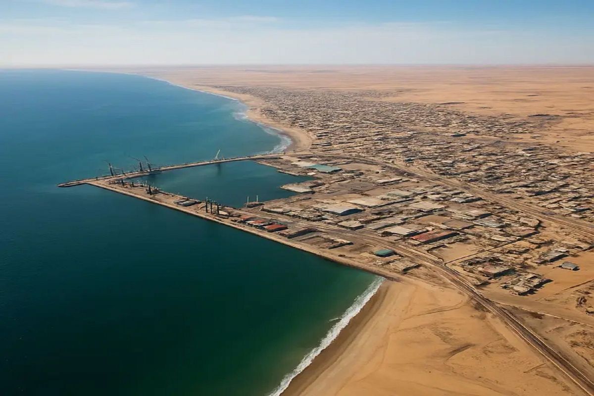 An aerial view of a coastal town featuring a large harbour and industrial port infrastructure along the desert coastline.