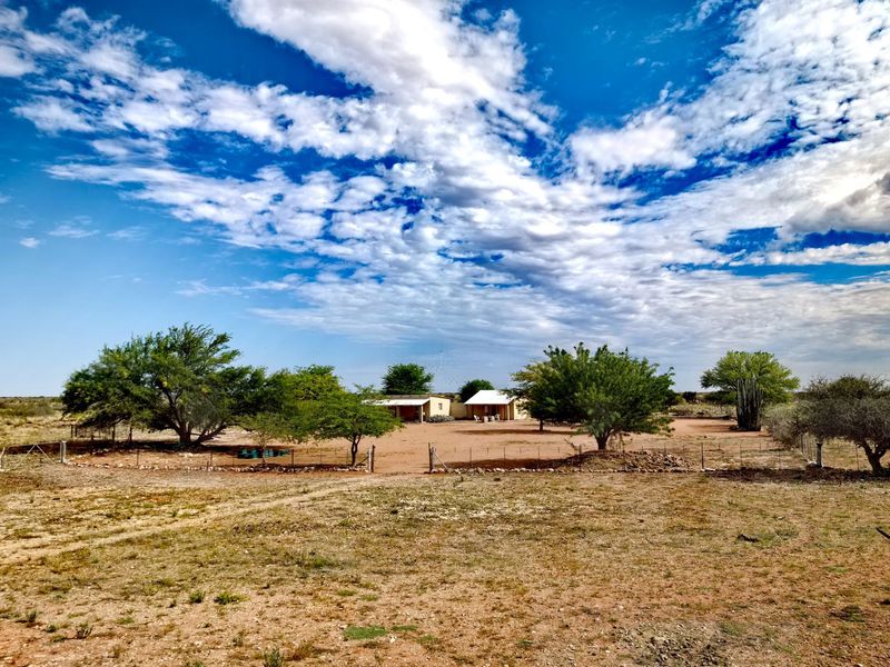 A wide-angle view of a rural farmstead property featuring a main dwelling structure set within a large, open, arid landscape with mature trees.