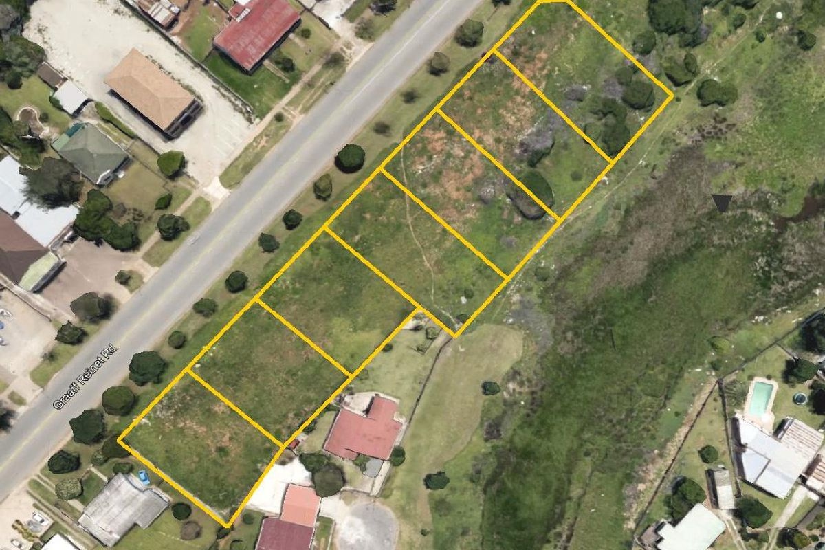 An aerial view of a vacant residential land parcel located along Graaff Reinet Road, showing the plot boundaries and surrounding neighborhood context.