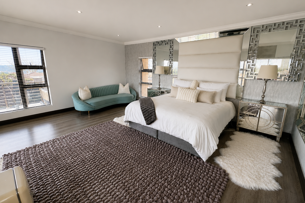 Spacious, well-maintained bedroom featuring modern laminate flooring, recessed downlighting, and large windows with fitted blinds.