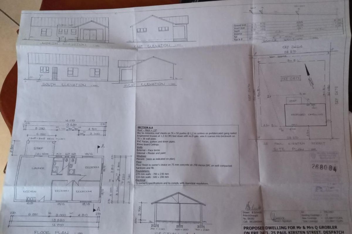 Architectural floor plan and elevation drawings for a proposed residential dwelling on Erf 2471.