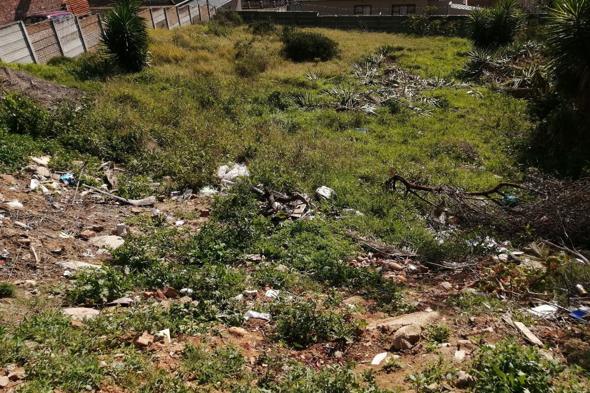 A vacant residential plot featuring a sloped landscape with overgrown vegetation and accumulated debris, enclosed by perimeter boundary walls.