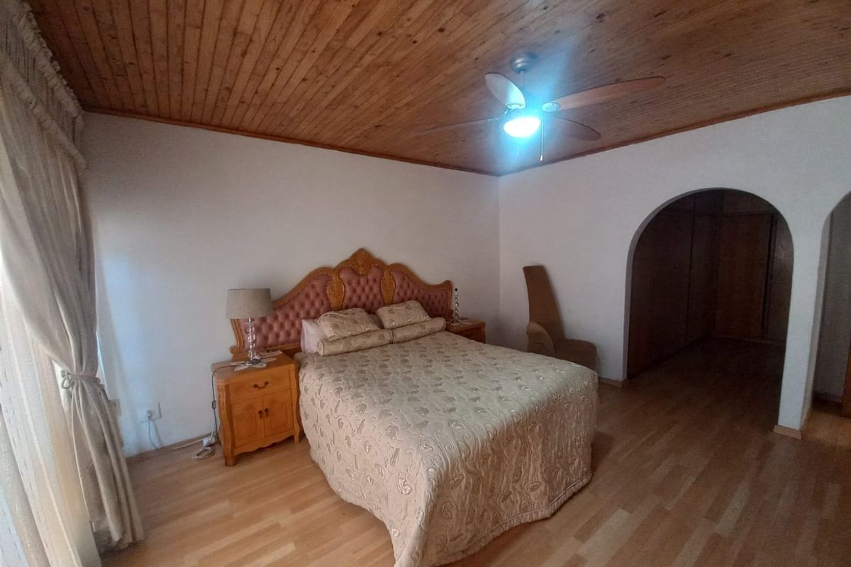 Spacious bedroom featuring a timber-clad ceiling, ceiling fan, laminate flooring, and an arched entryway leading to a built-in cupboard area.