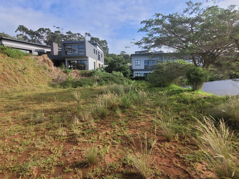 A view of a sloped, undeveloped residential plot with established trees and vegetation, overlooking neighboring modern multi-story homes.