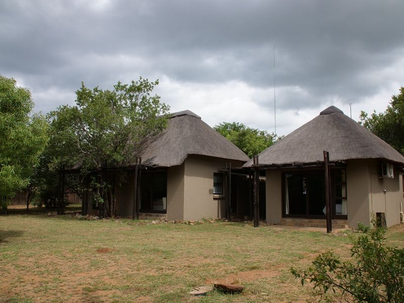 Exterior view of two connected thatched-roof chalets featuring timber support beams and sliding glass doors, set within a natural garden landscape.