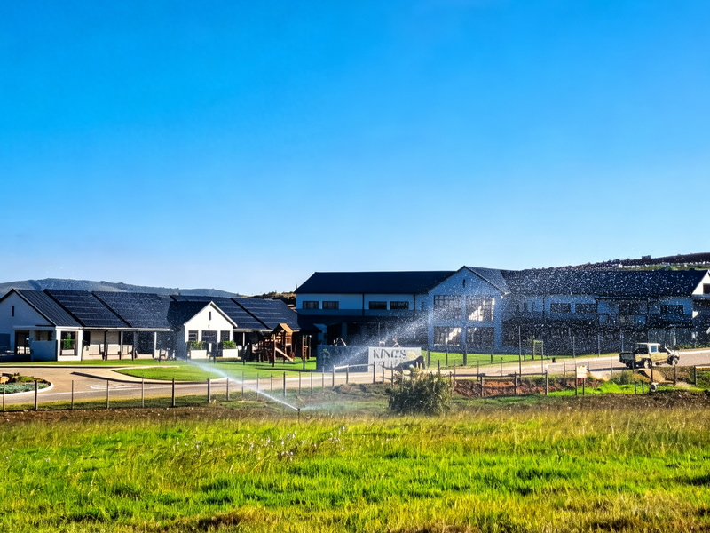 Wide exterior view of a large property featuring extensive solar panel installations, paved access, and landscaped grounds with an active irrigation system.