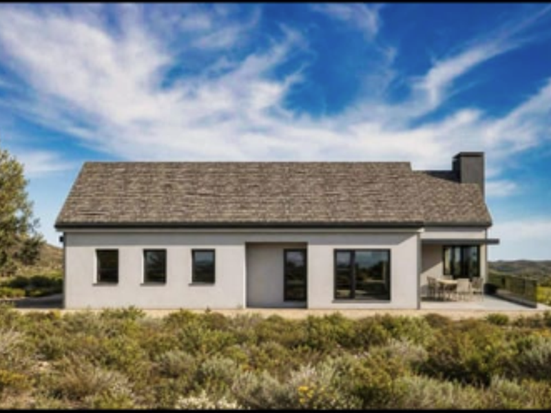 Rear view of a modern single-story house featuring a shingle roof, chimney, and a covered patio area overlooking natural landscape.