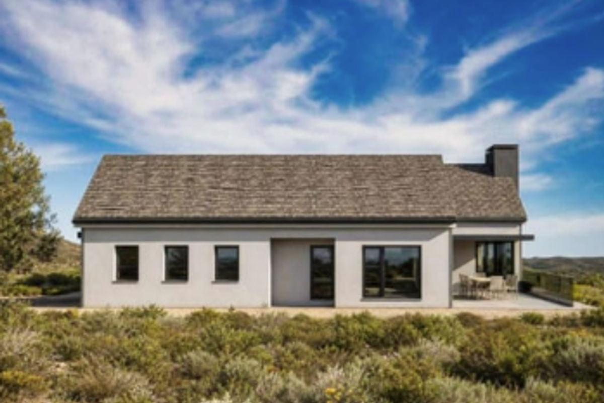 Rear view of a modern single-story house featuring a shingle roof, chimney, and a covered patio area overlooking natural landscape.