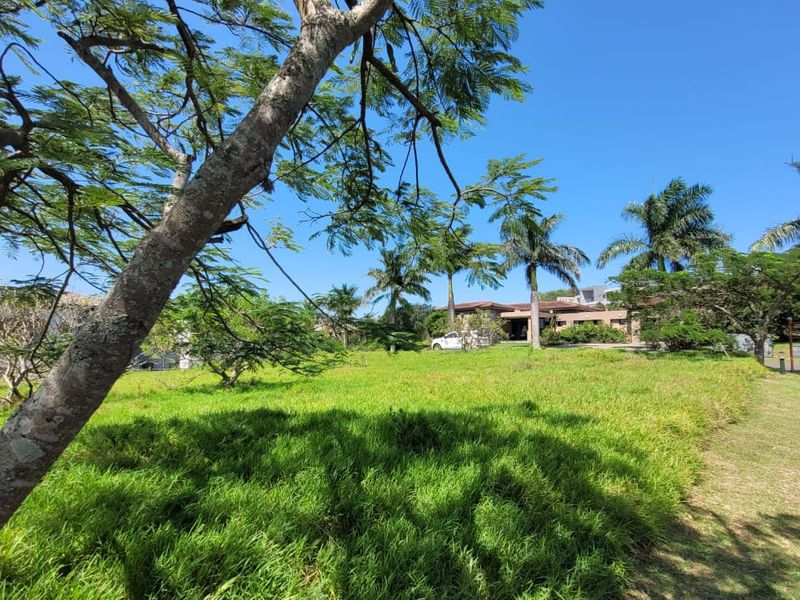 A view of a vacant residential plot featuring established trees, lush green grass, and paved access, set within a landscaped estate environment.