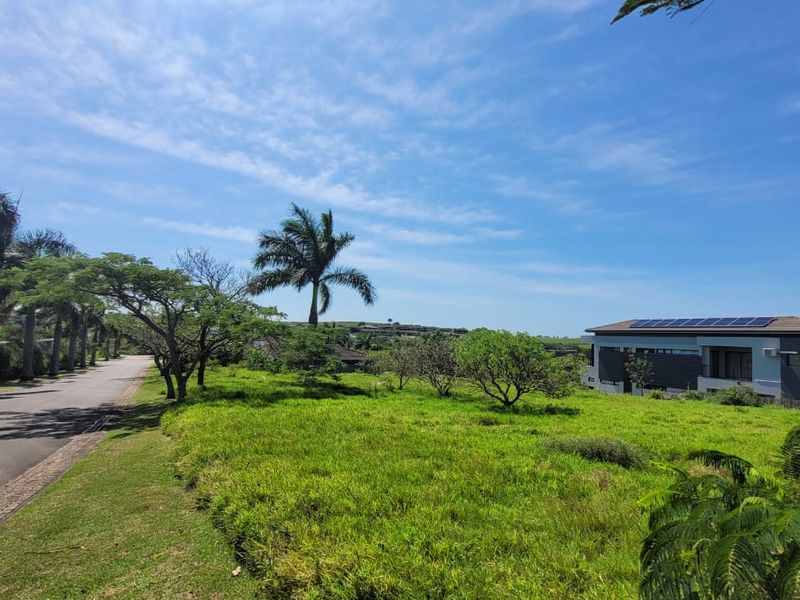 A view of a vacant residential plot featuring established trees, adjacent paved road, and surrounding estate landscape.
