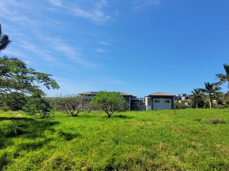 A view of a residential plot featuring lush green grass, mature trees, and a distant view of a modern residential structure.