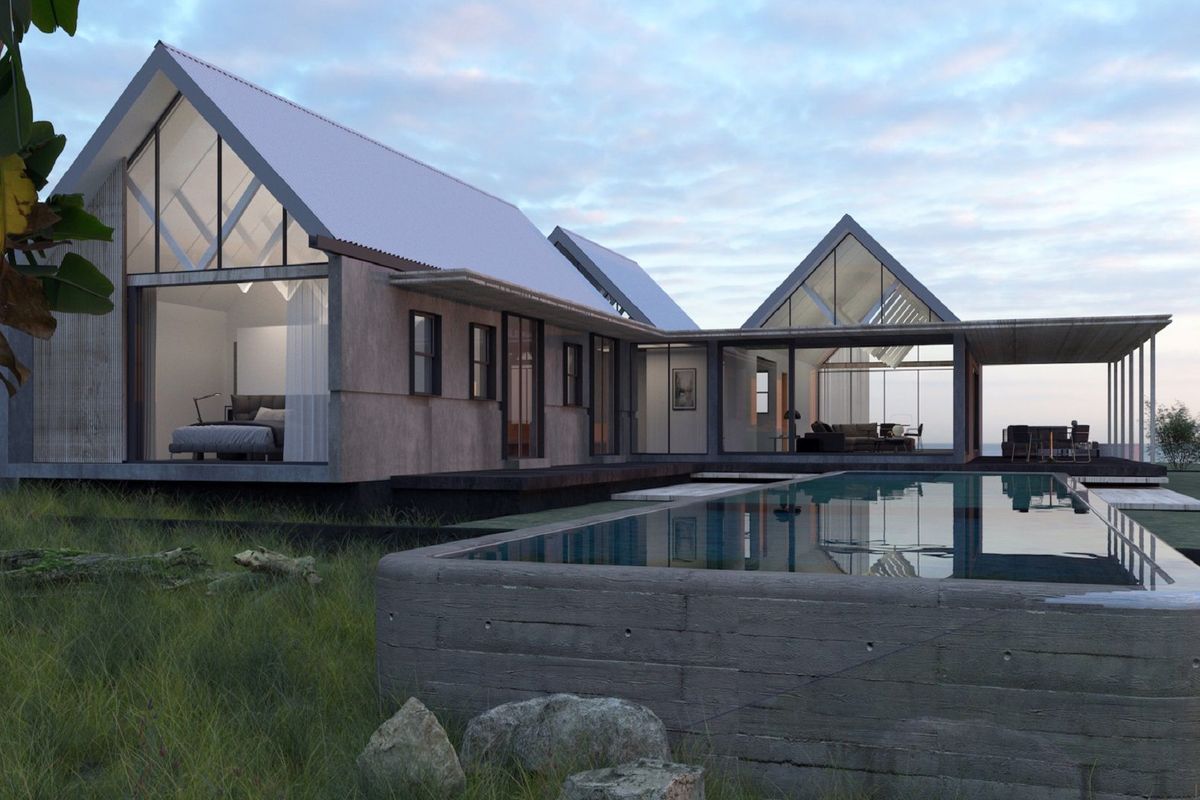 Modern architectural residence featuring a swimming pool, expansive glass facades, and a contemporary pitched roof design overlooking the landscape.