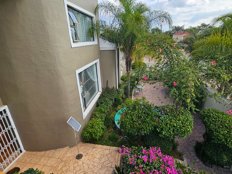 Elevated view of the rear garden area featuring paved pathways, established landscaping, and a small circular pool set against the house exterior.