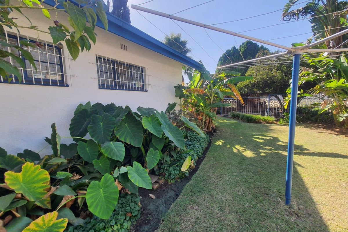 A view of the rear garden featuring a lawn, established garden beds, and a rotary clothesline alongside the exterior wall of the house.