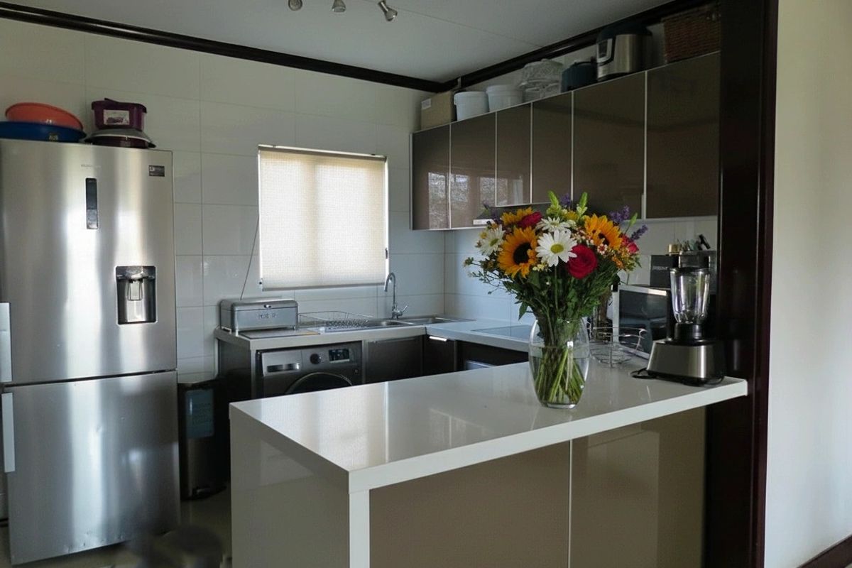 Modern kitchen featuring sleek cabinetry, stone countertops, a breakfast bar, and tiled splashbacks, offering a functional and contemporary cooking space.