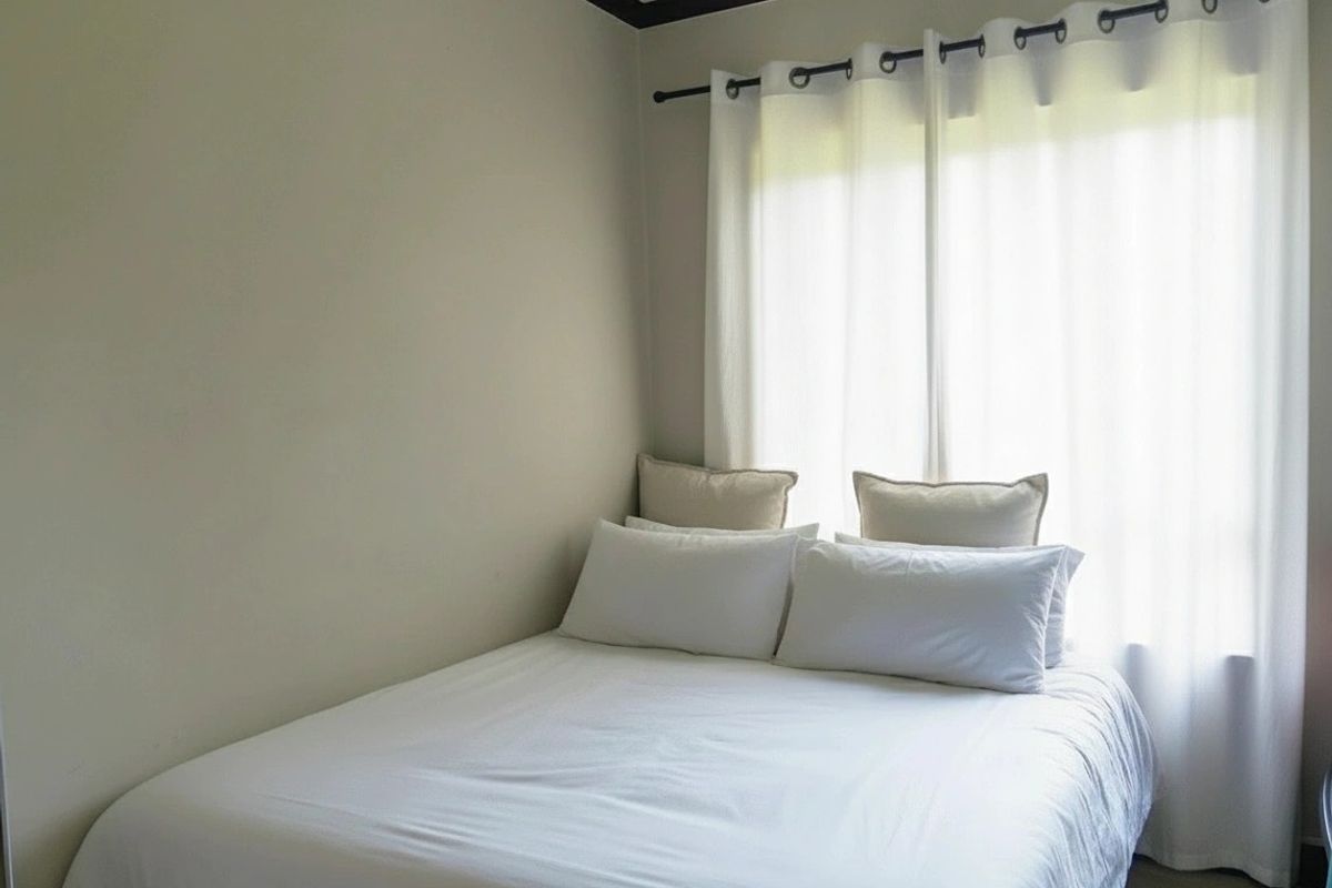 A simple bedroom featuring neutral walls, a window with fitted curtain rod, and carpeted flooring.