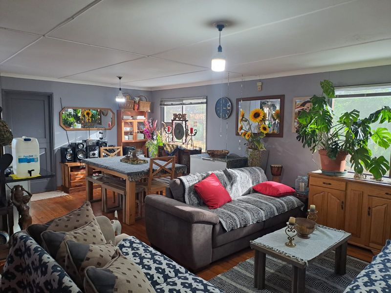 Open plan living and dining area featuring timber flooring and natural light through large windows.
