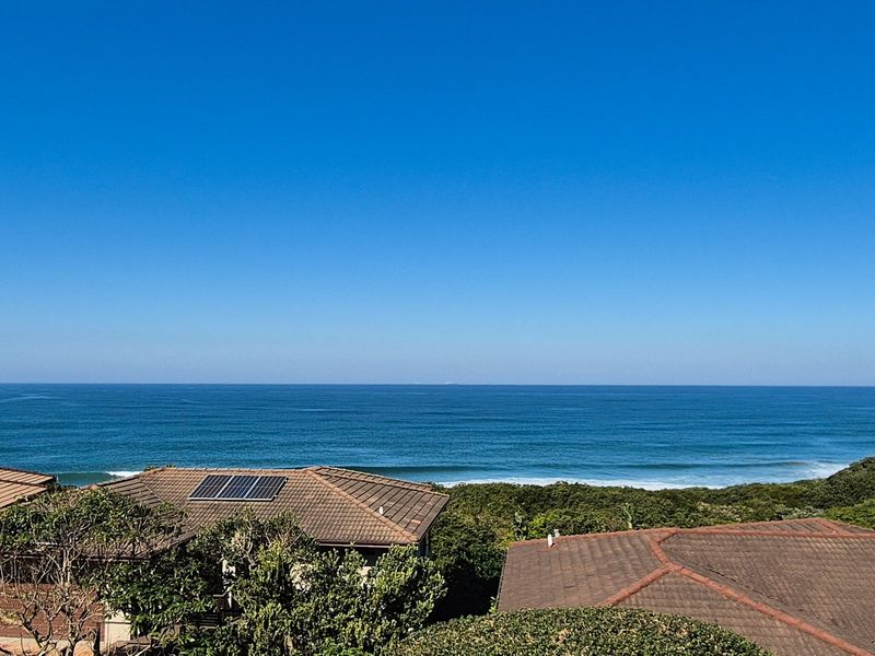 A clear, elevated view of the ocean horizon, showcasing the surrounding coastal landscape and residential rooftops with integrated solar panels.