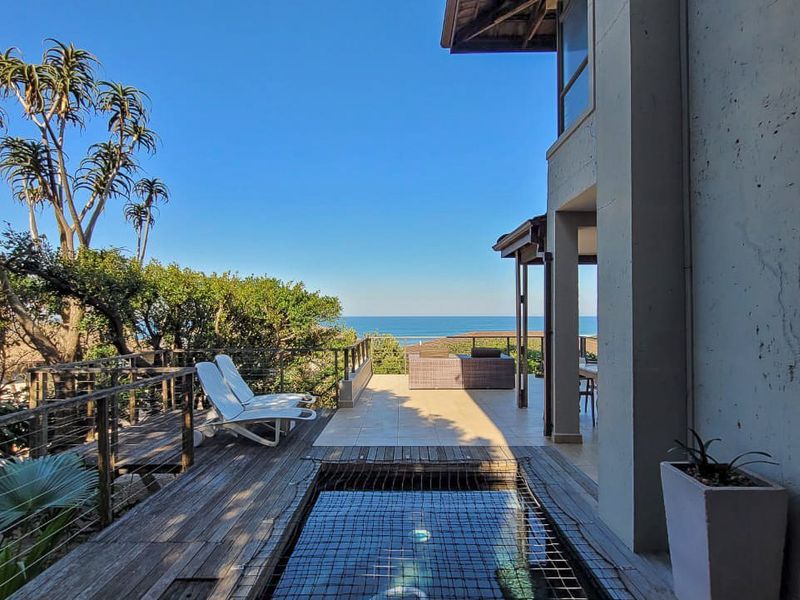 Outdoor entertainment area featuring a timber deck, plunge pool with safety net, and tiled patio with expansive ocean views.