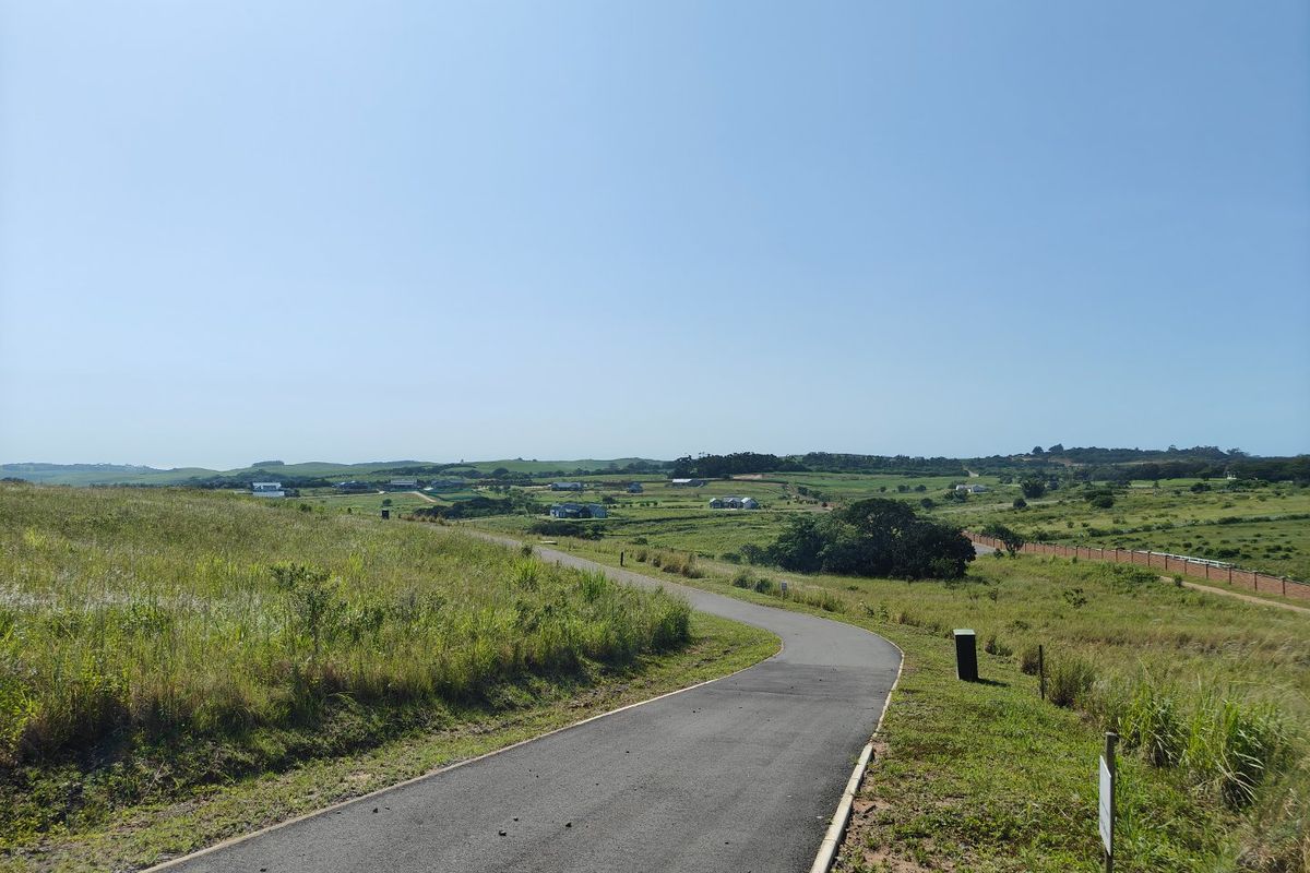 A view of a paved access road winding through a vacant residential land plot with surrounding natural landscape and distant estate homes.