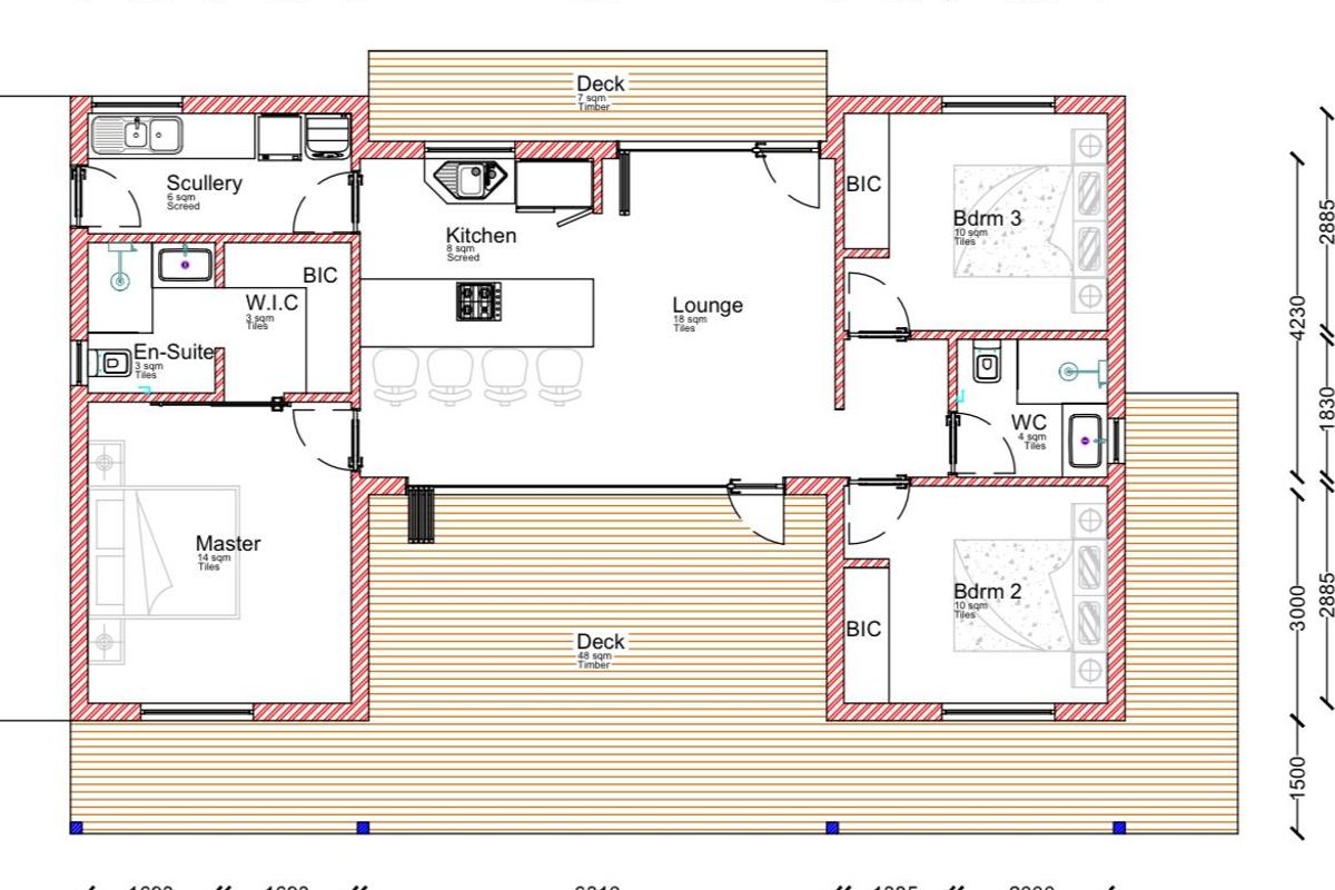 A detailed architectural floor plan showing the layout of a residential property, including three bedrooms, open-plan living areas, and outdoor timber decking.